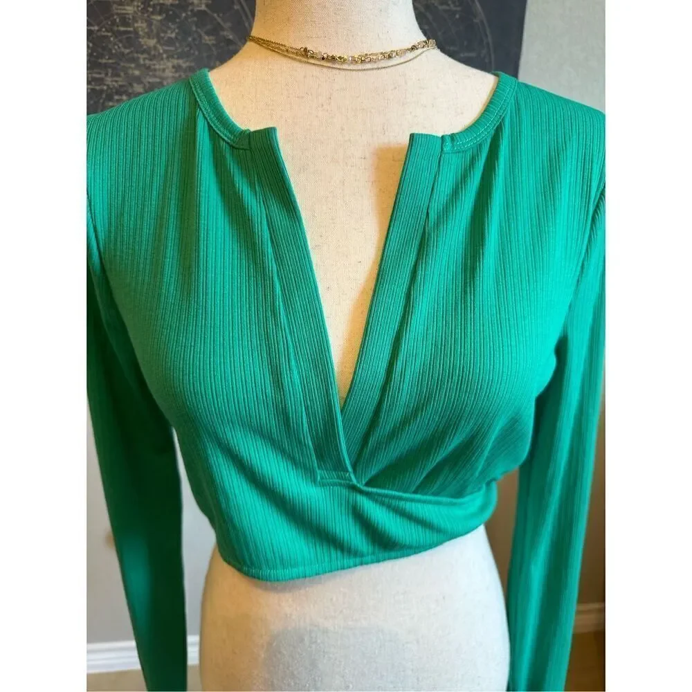 Lovers + Friends Ludrow Turquoise Long Sleeve Cropped Wrap Top Women’s Size L